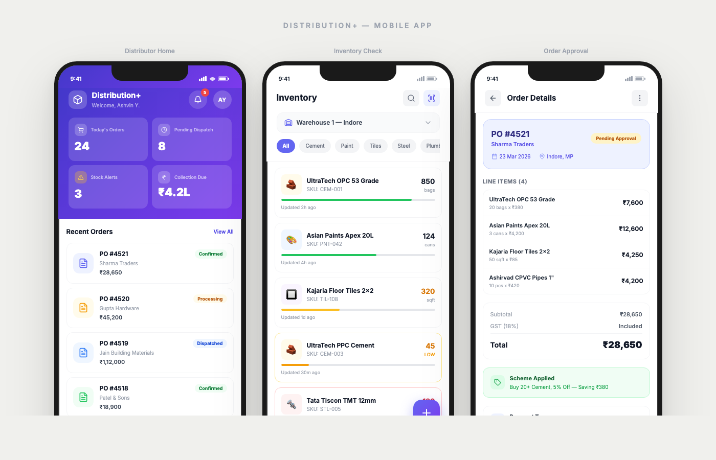 Distribution+ Distributor App — Inventory check, order approval, and stock management