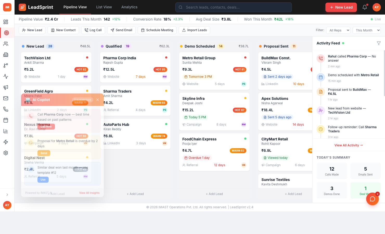 LeadSprint Platform — Kanban pipeline with deal cards, activity feed, and AI copilot