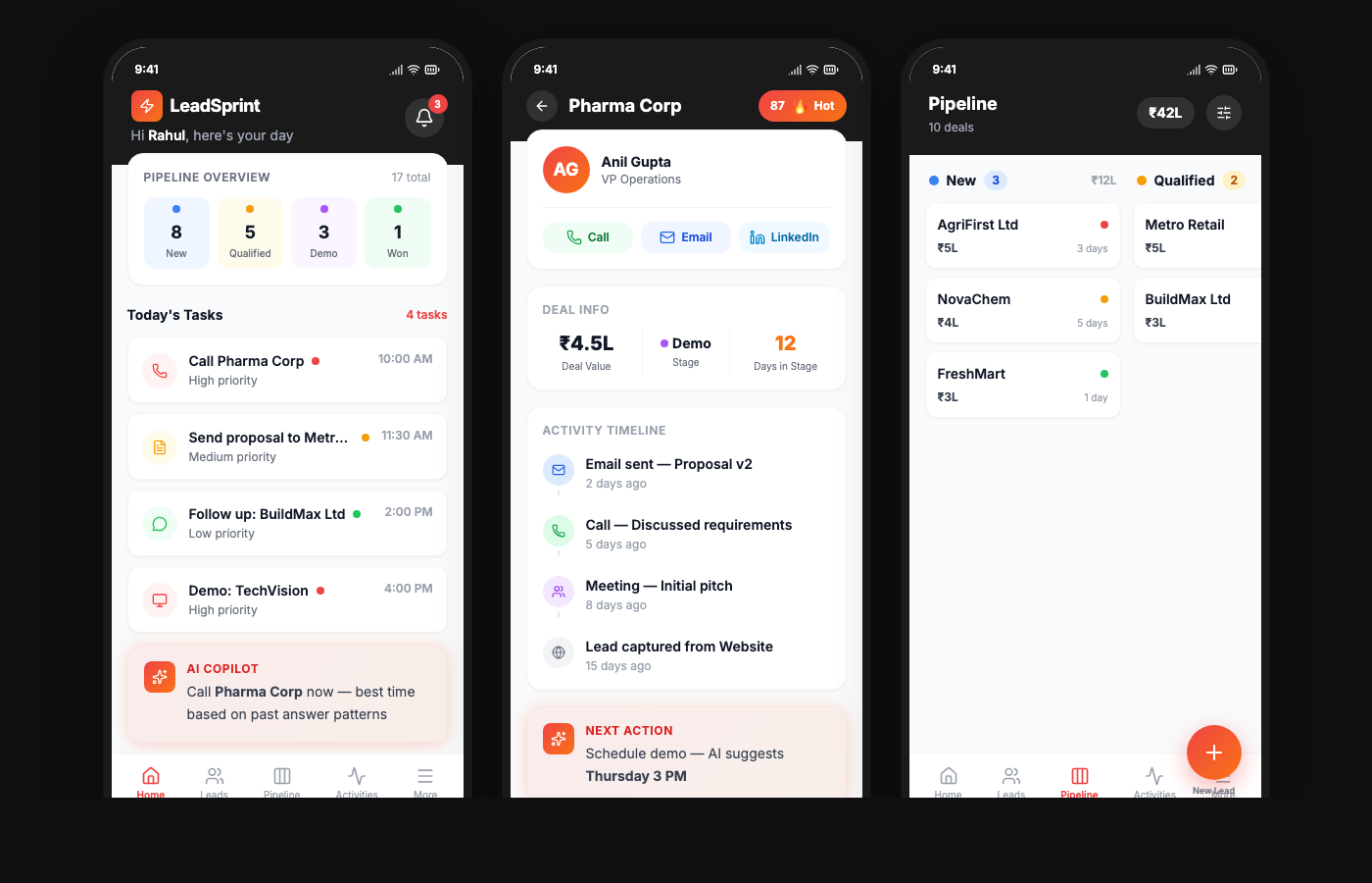 LeadSprint Sales Rep App — Lead details, pipeline view, and AI-powered suggestions