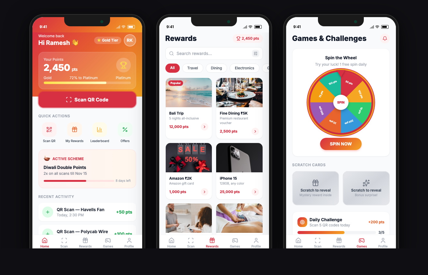 LoyaltyBoard Member App — QR scan, rewards catalogue, spin & win, leaderboard