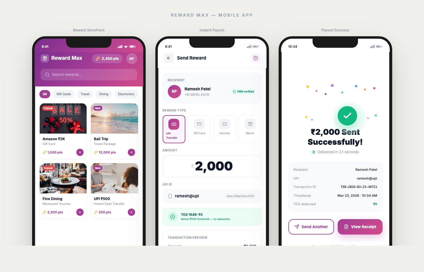 Reward Max Reward App — Storefront, instant UPI payout, and success confirmation
