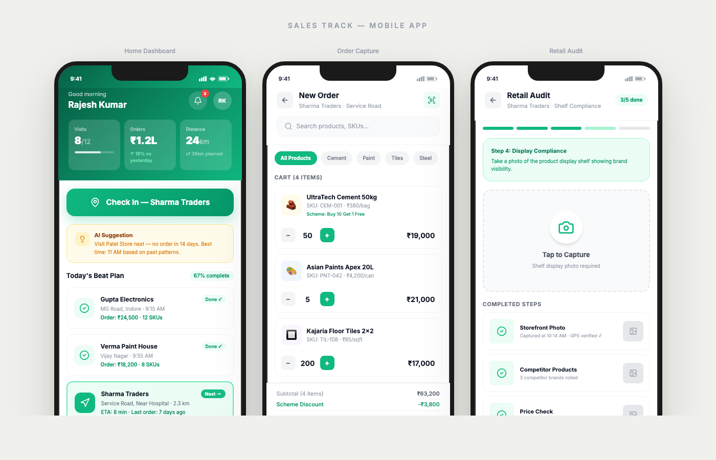 Sales Track Mobile App — Home dashboard, order capture, and retail audit