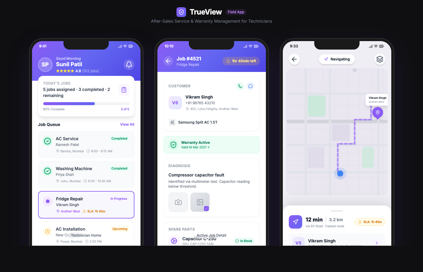 TrueView Technician App — Job management, navigation, diagnosis, and spare parts